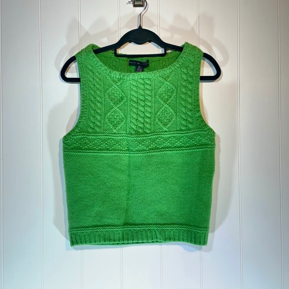 Ralph Lauren Green Wool Cashmere Cable Knit Sweater Vest Womens Fits Small